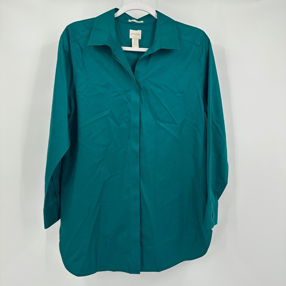 Chicos Women Minimalist Button Shirt Sz 0 US S Wrinkle Free Classic Teal No Iron